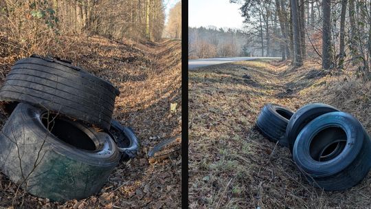 Co za chamstwo! Opony do rowu w lesie!