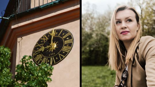 Aleksandra Karykowska i zegar ratuszowy z Oławy