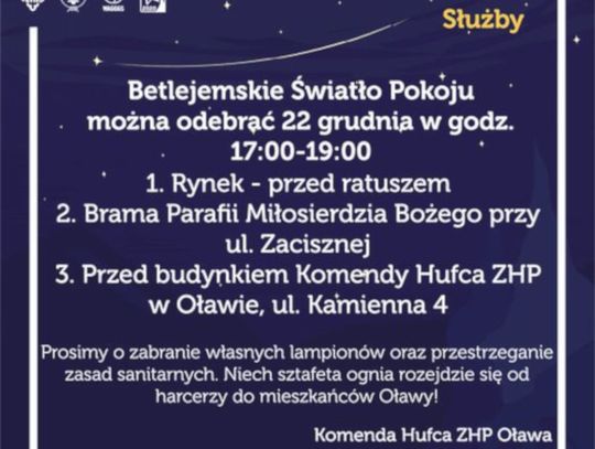 Betlejemskie Światło Pokoju. Kiedy i gdzie w Oławie?