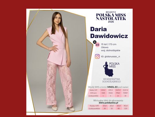 Głosujcie na Darię Dawidowicz, 15-latkę z Oławy, kandydatkę na miss województwa nastolatek