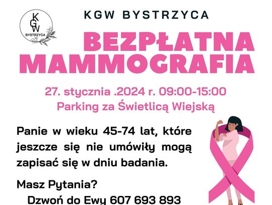 KGW Bystrzyca zaprasza panie na darmową mammografię