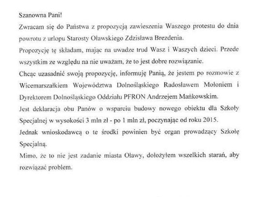 Kolejny list: burmistrz proponuje. Rodzice przerywają protest!
