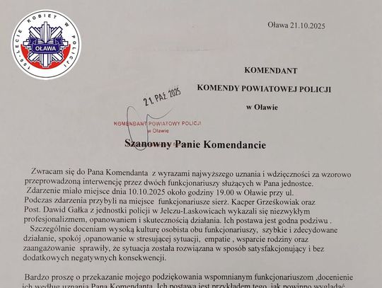 Mieszkanka dziękuje policjantom za wzorowo przeprowadzoną interwencję