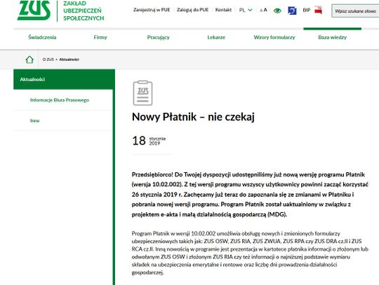 Nowy „Płatnik” nie zaktualizuje się sam