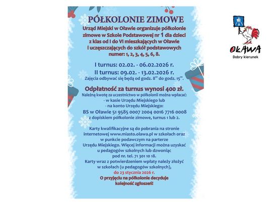 OŁAWA Zapisy na półkolonie