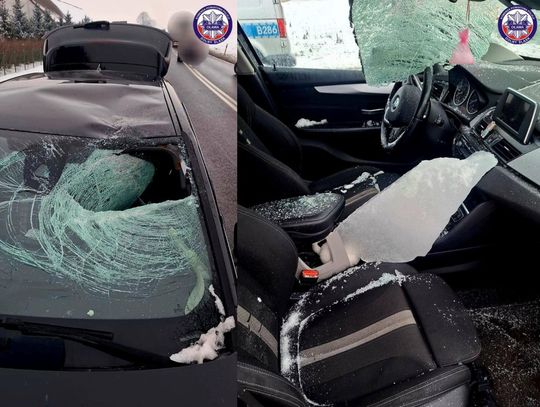 Tafla lodu spadła z naczepy. Przebiła szybę i raniła dwie osoby Tafla lodu spadła z naczepy. Przebiła szybę i raniła dwie osoby