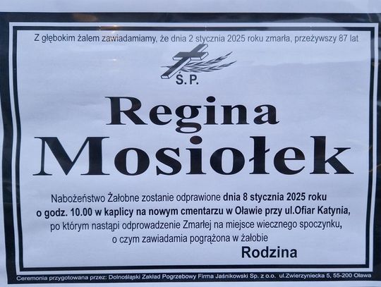 2 stycznia zmarła Regina Mosiołek