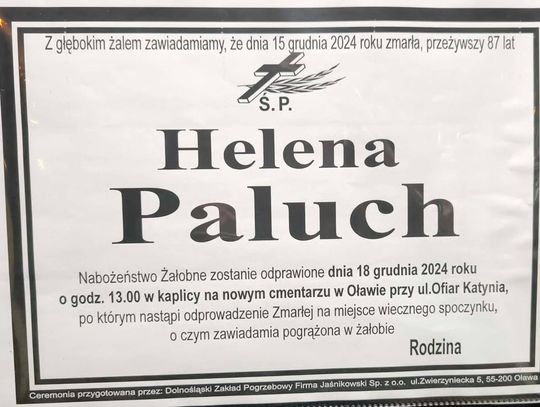 15 grudnia zmarła Helena Paluch