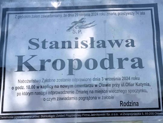 Zmarła Stanisława Kropodra