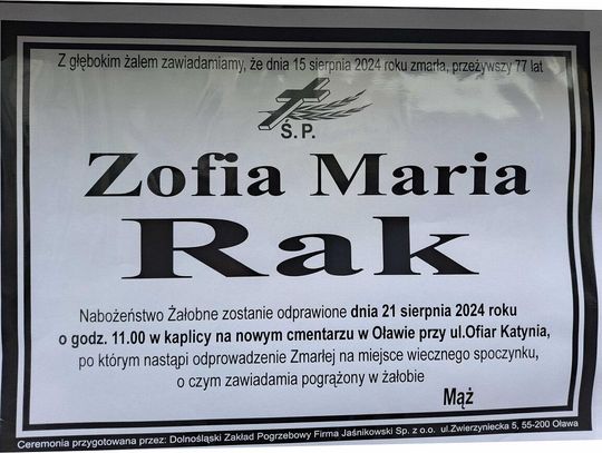 Zmarła Zofia Maria Rak