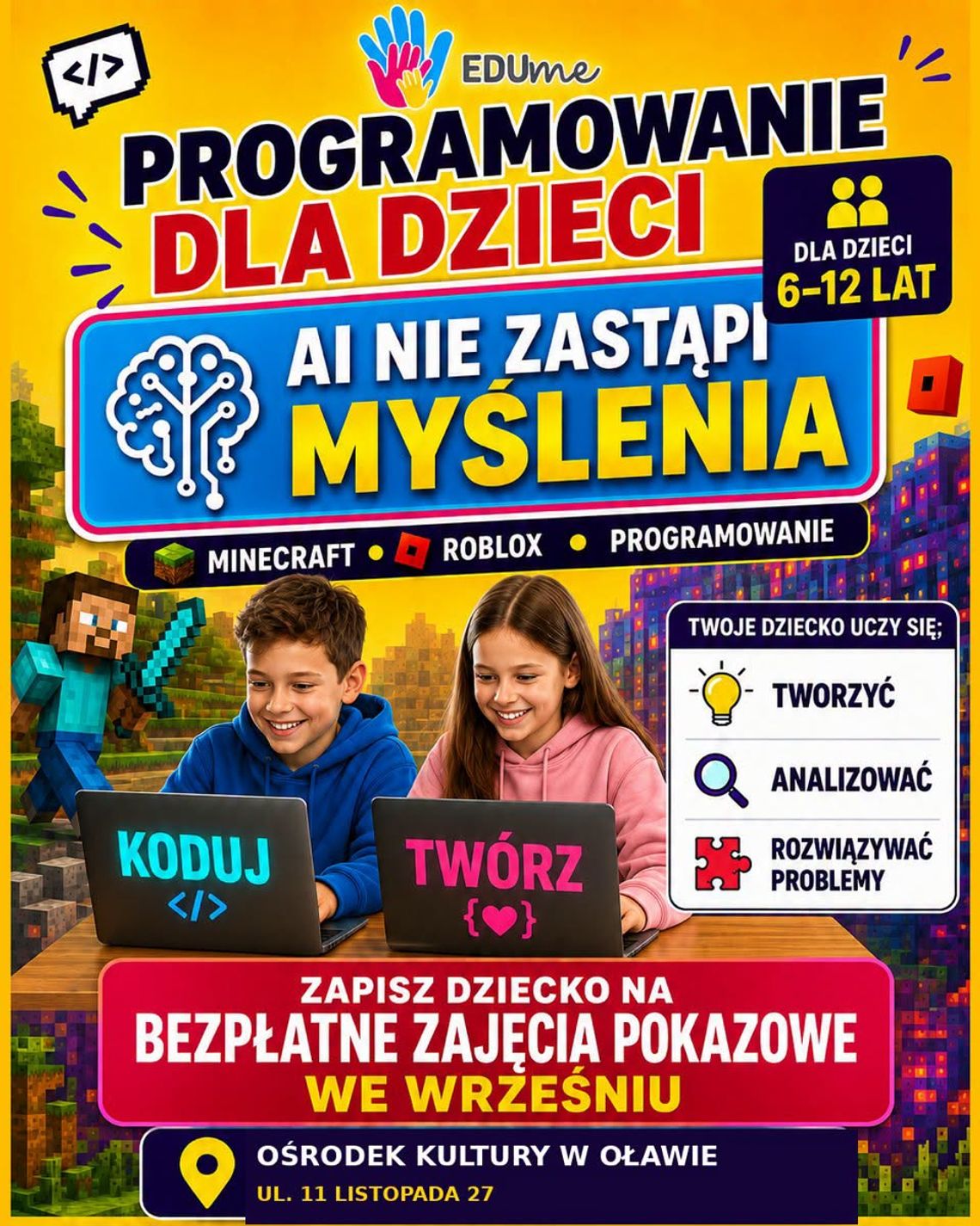 Bezpłatne zajęcia z programowania w Oławie. Dla dzieci