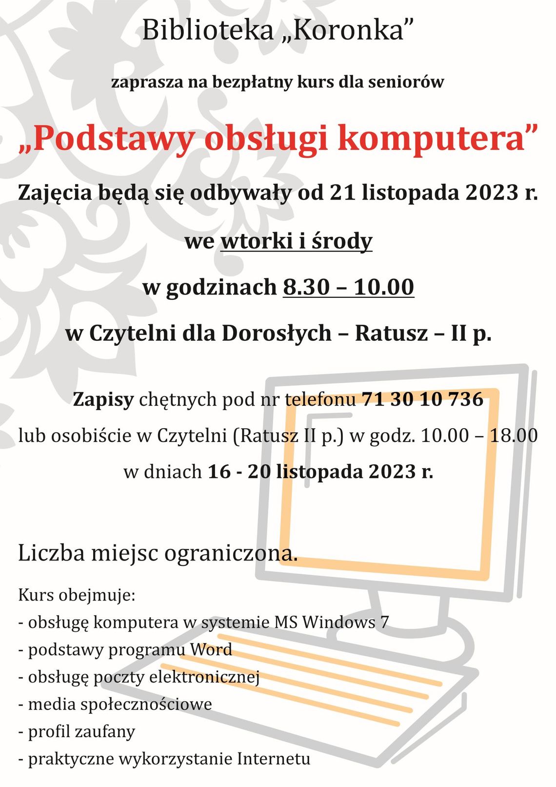 Biblioteka „Koronka” zaprasza na bezpłatny kurs dla seniorów „Podstawy obsługi komputera”