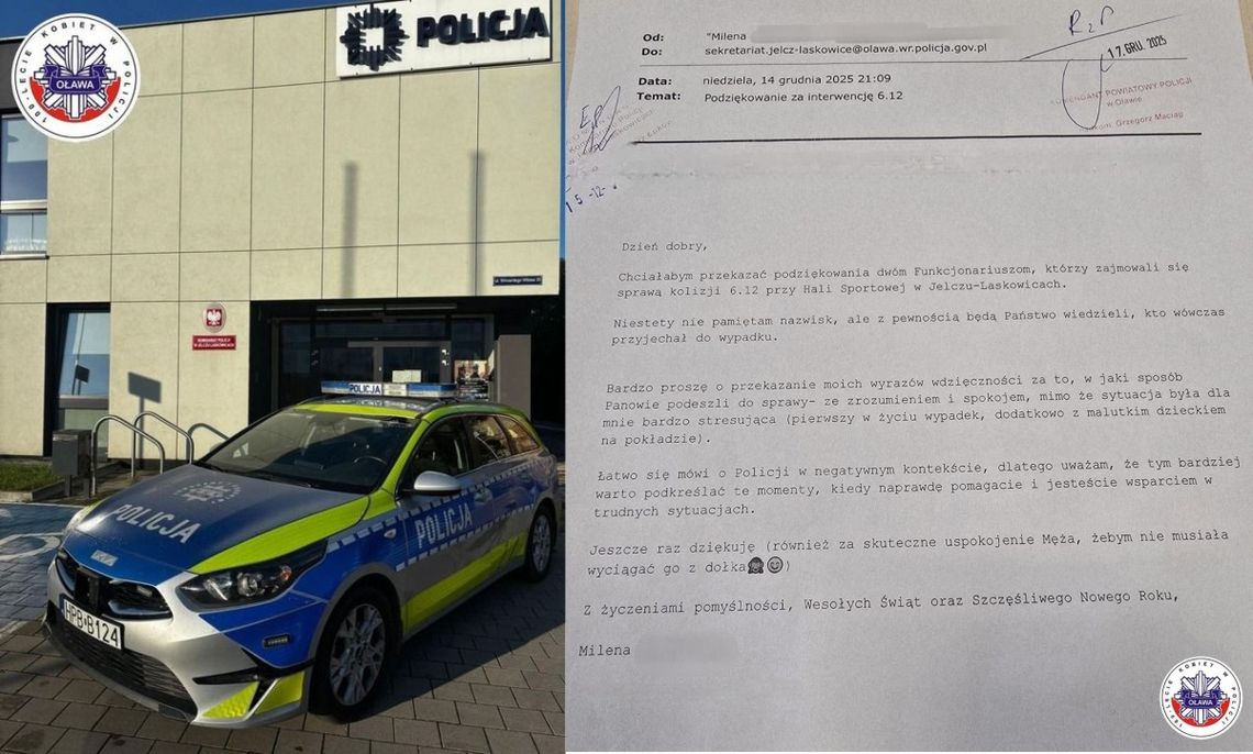 Do oławskiej komendy wpłynęły takie podziękowania