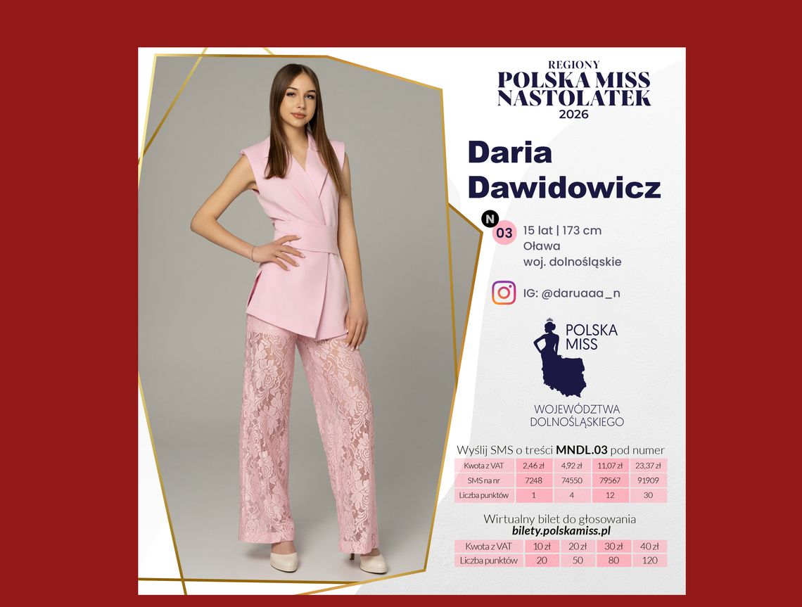 Głosujcie na Darię Dawidowicz, 15-latkę z Oławy, kandydatkę na miss województwa nastolatek