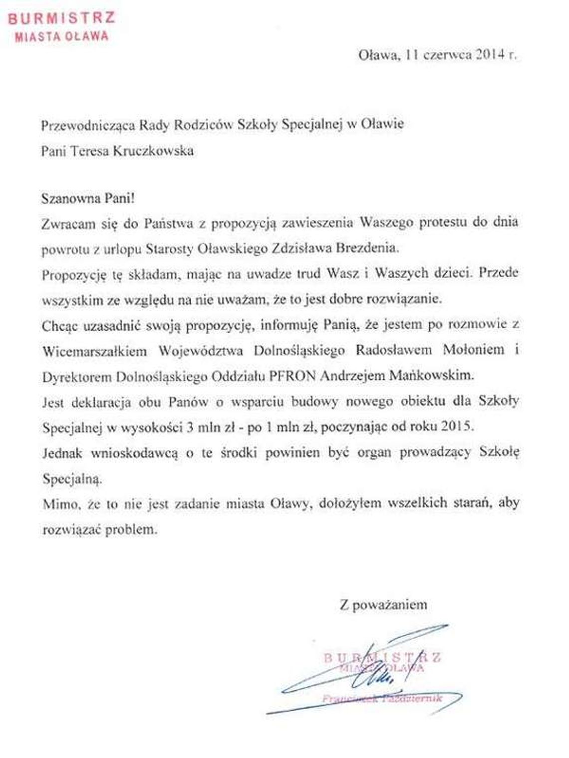 Kolejny list: burmistrz proponuje. Rodzice przerywają protest!