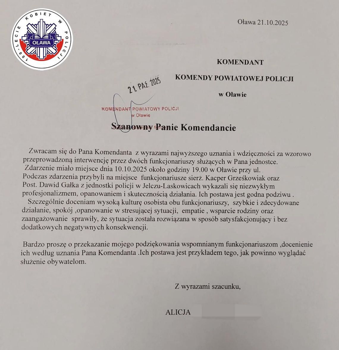 Mieszkanka dziękuje policjantom za wzorowo przeprowadzoną interwencję