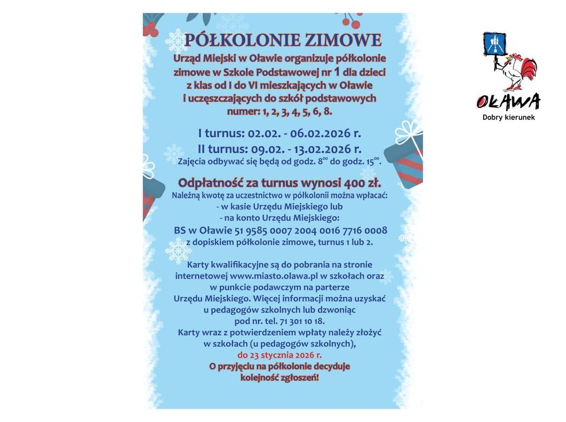 OŁAWA Zapisy na półkolonie