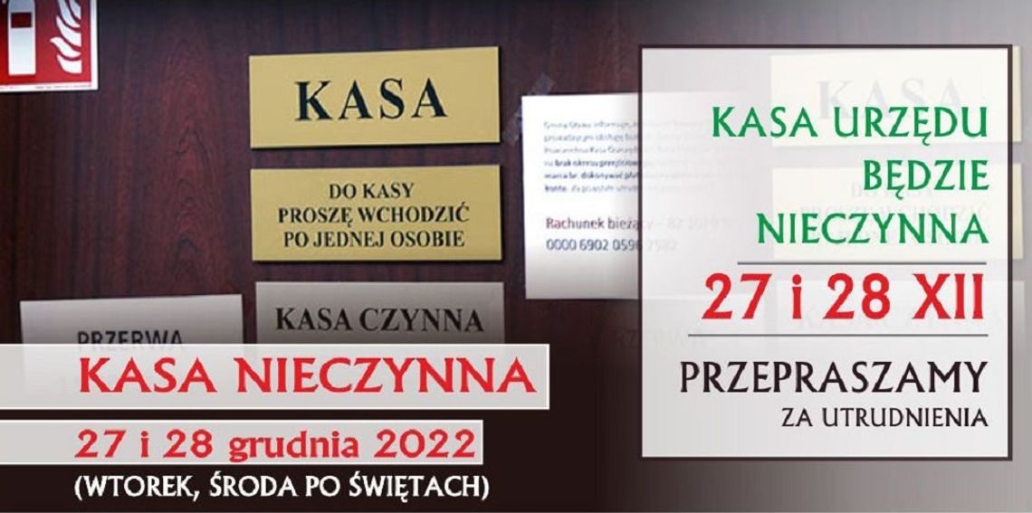 Po świętach kasa Urzędu Gminy nieczynna