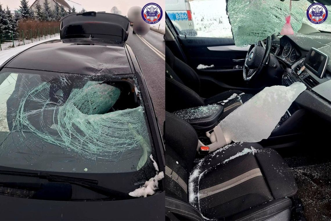 Tafla lodu spadła z naczepy. Przebiła szybę i raniła dwie osoby