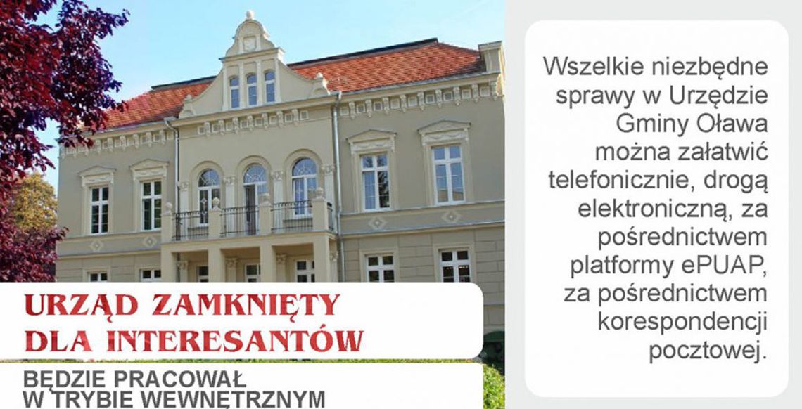 Urząd Gminy Oława zamknięty dla interesantów do odwołania 