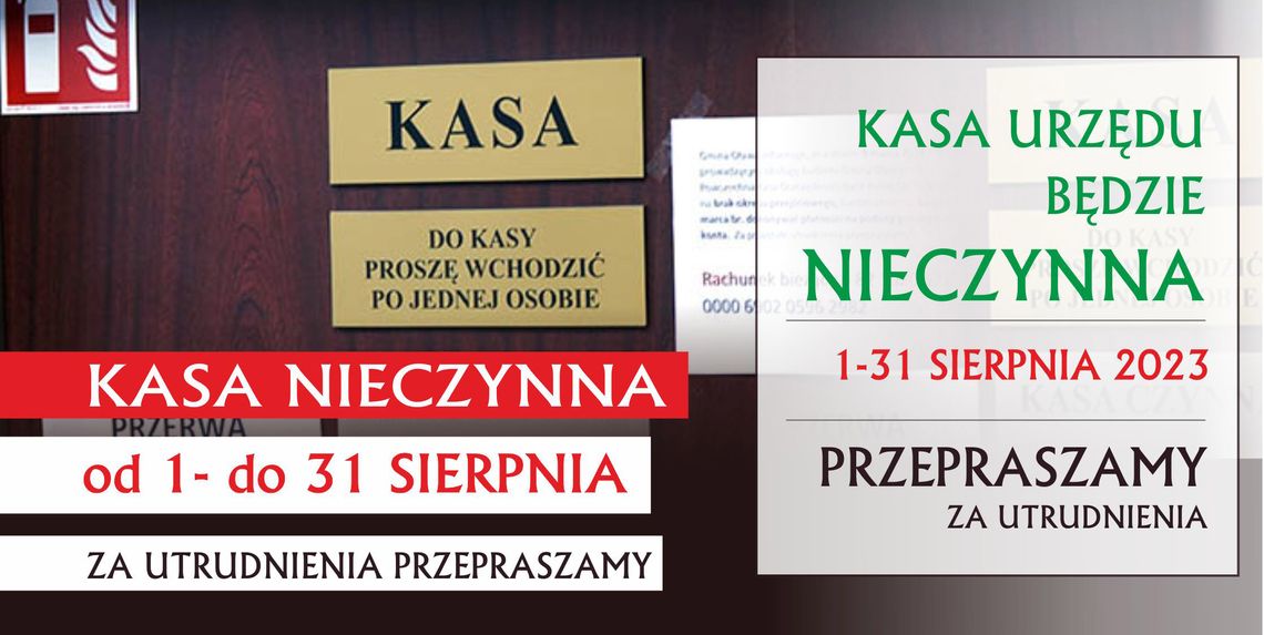W sierpniu kasa Urzędu Gminy będzie nieczynna W sierpniu kasa Urzędu Gminy będzie nieczynna