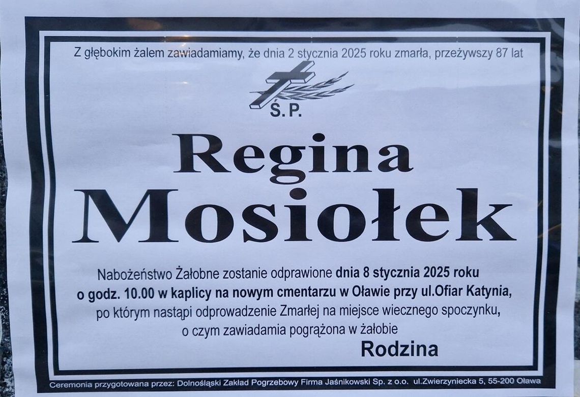 2 stycznia zmarła Regina Mosiołek