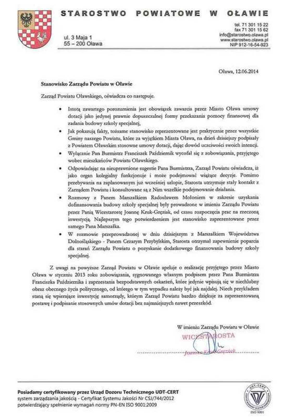 Zarząd powiatu w sprawie szkoły specjalnej