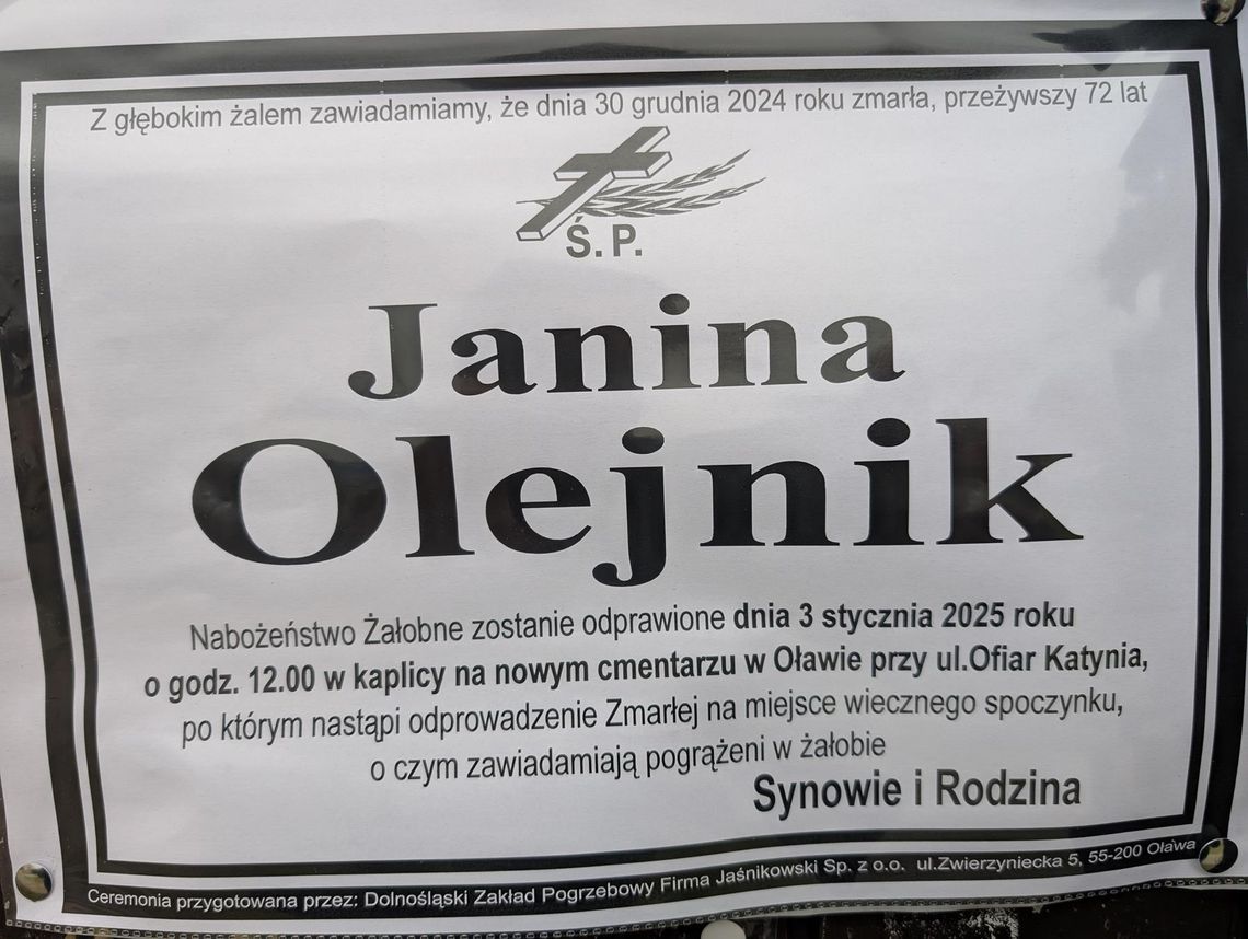 Zmarła Janina Olejnik