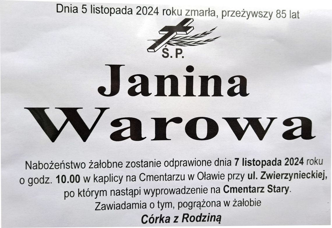 Zmarła Janina Warowa