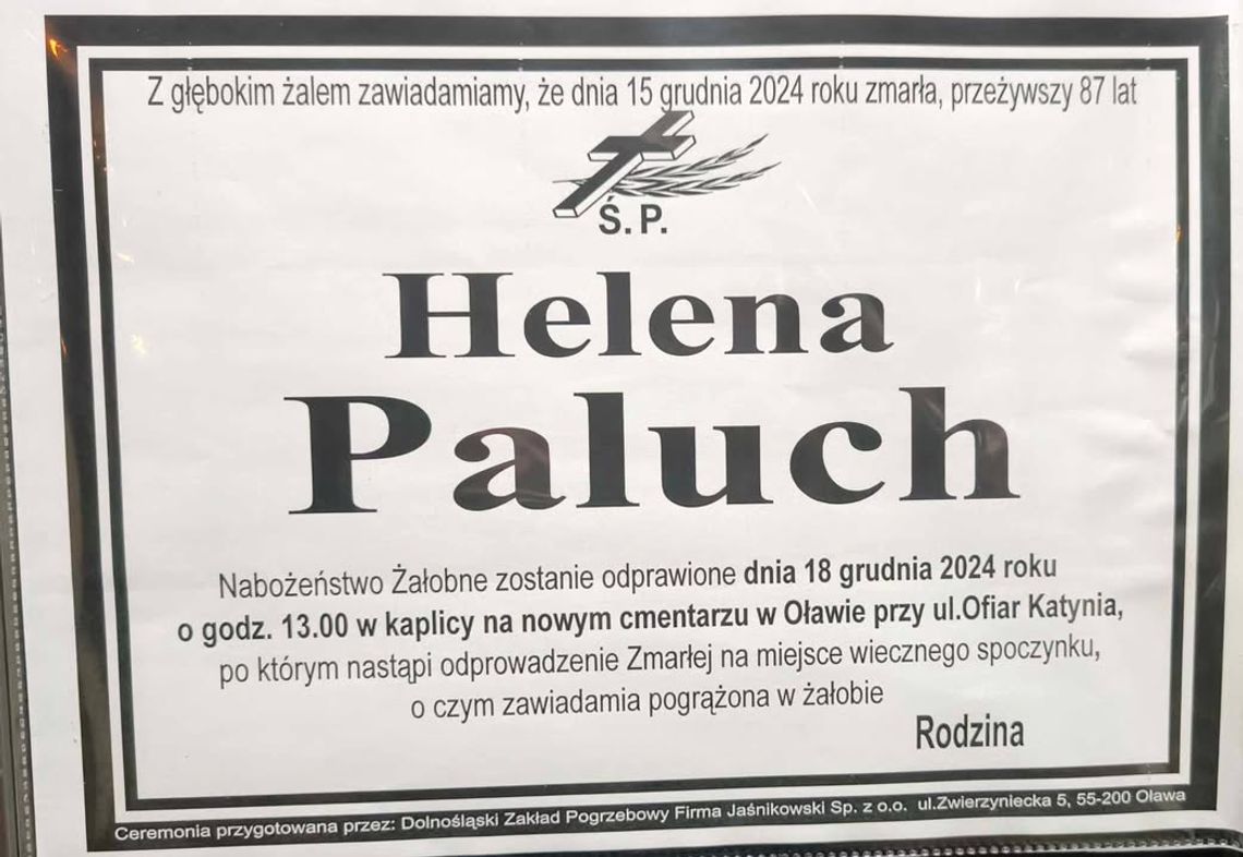 15 grudnia zmarła Helena Paluch