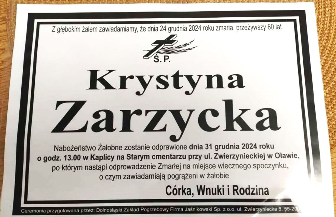 Zmarła Krystyna Zarzycka