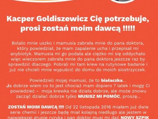 Oławianka SZUKA na całym świecie DAWCY SZPIKU dla synka przyjaciół